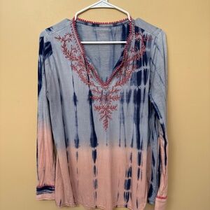 Soft Surroundings Blue and Pink Tie-Dye Embroidered V-Neck Long Sleeve Top